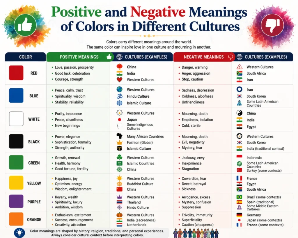 Positive and negative meanings of colors in different cultures showing cultural symbolism and emotional associations
