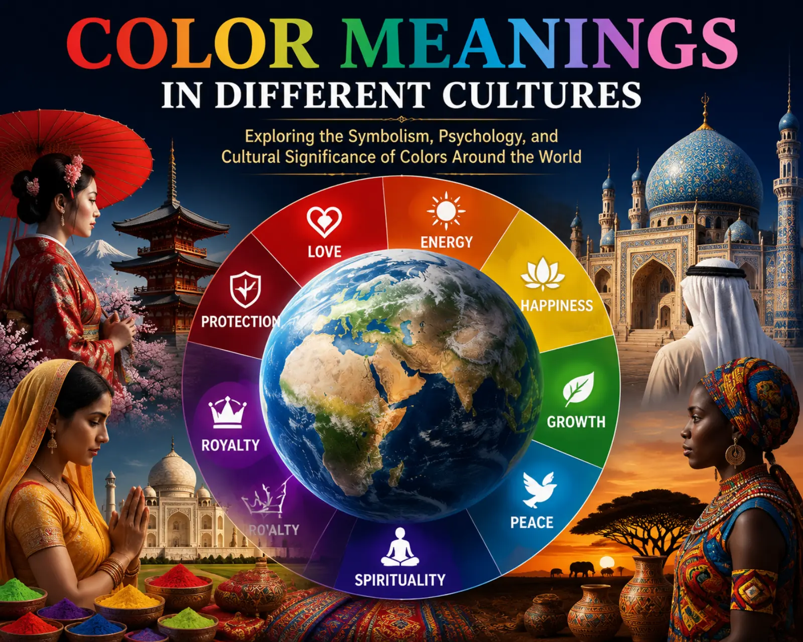Color meanings in different cultures showing global color symbolism, traditions, and cultural interpretations