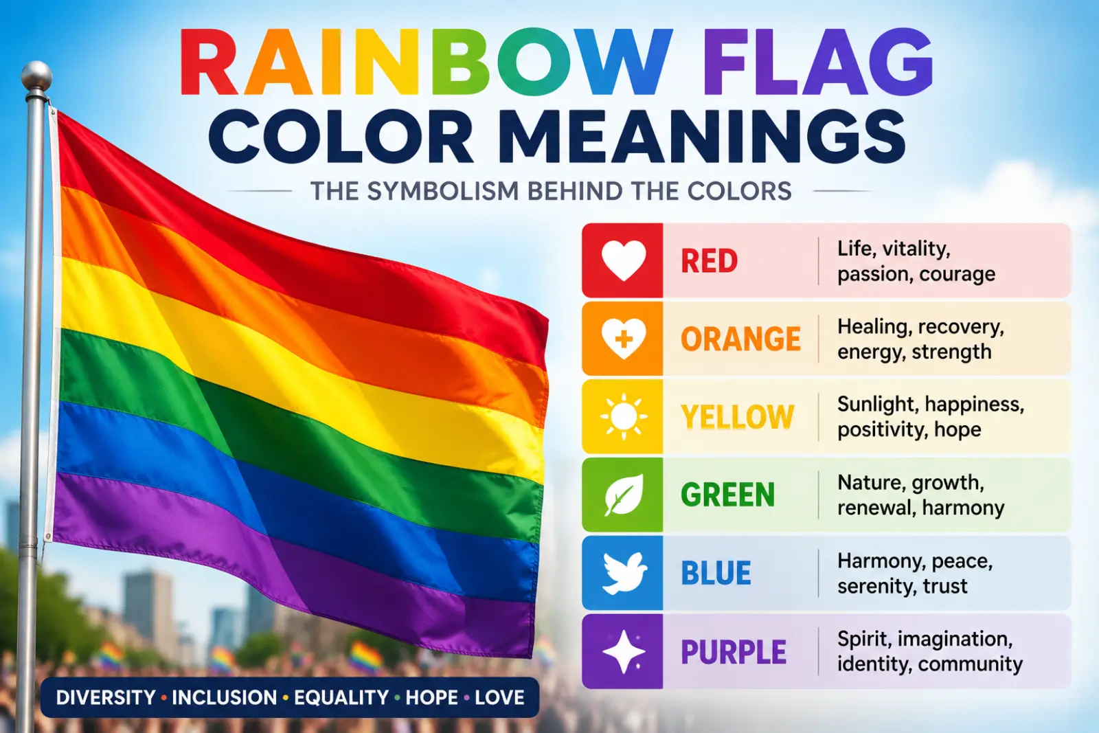 Rainbow flag color meanings showing the symbolism and significance of each color