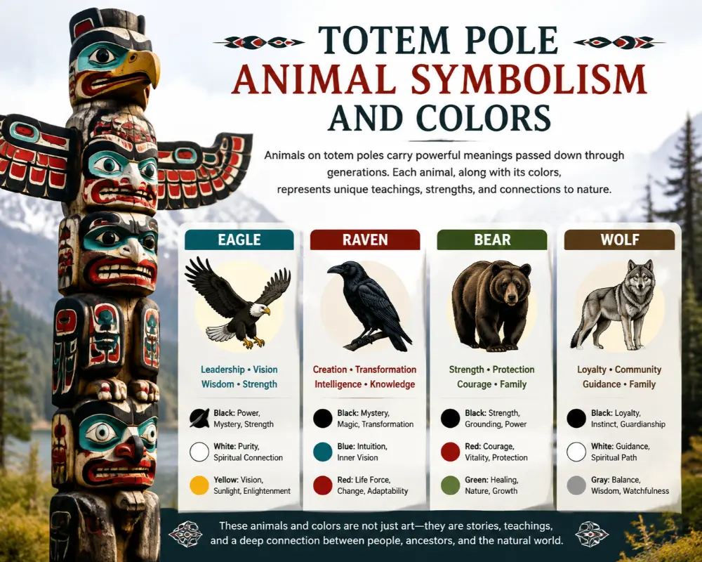 Totem pole animal symbolism and colors showing eagle, raven, bear, and wolf figures with their cultural meanings and traditional color associations.