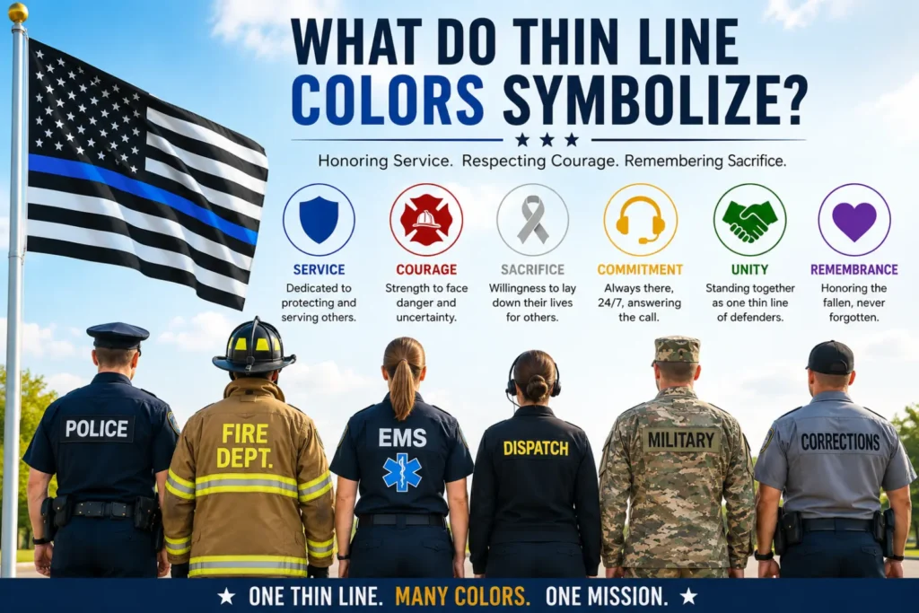 What do thin line colors symbolize? Illustration showing thin line flag colors representing service, courage, sacrifice, unity, and remembrance.