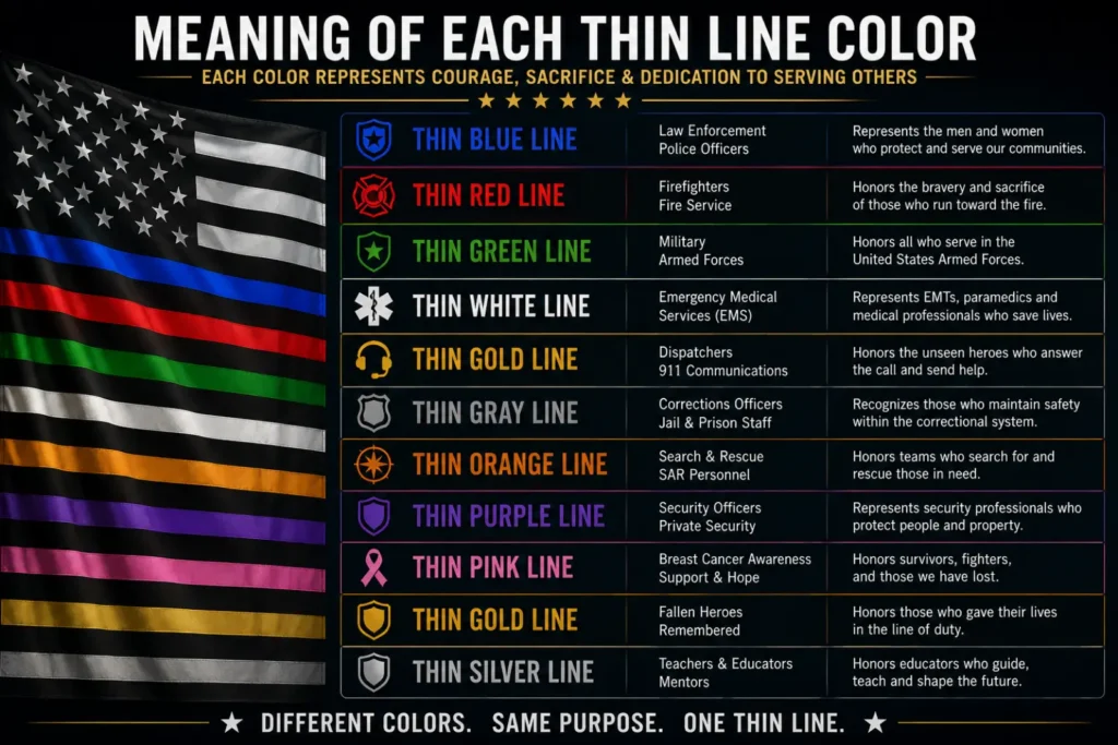Meaning of each thin line color infographic showing the symbolism of blue, red, green, white, gold, gray, orange, purple, pink, and silver thin line flags.