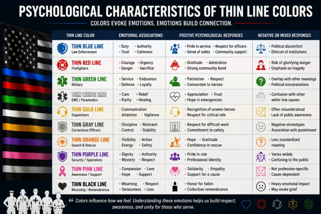 Psychological characteristics of thin line colors infographic showing the emotional associations and symbolic meanings of blue, red, green, white, gold, gray, orange, purple, pink, and black thin line colors.