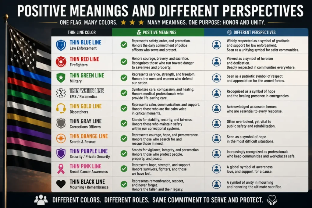 Positive meanings and different perspectives of thin line colors showing how blue, red, green, white, gold, gray, orange, purple, pink, and black lines represent various service professions and causes.