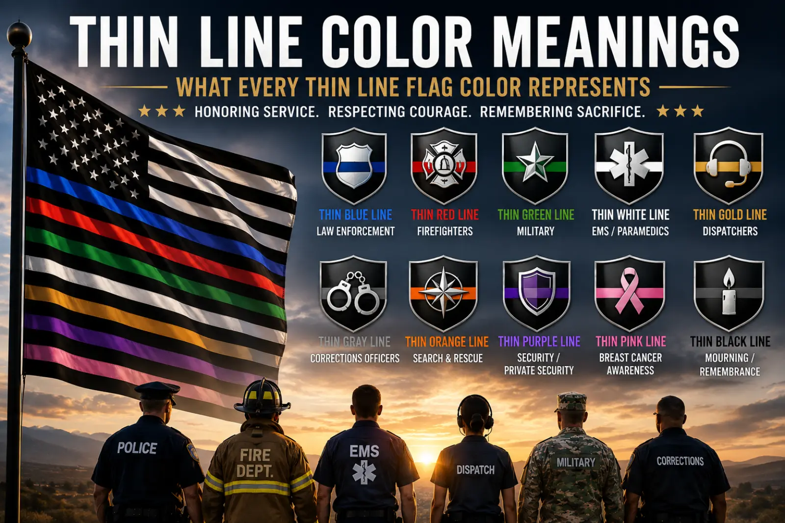 Thin line color meanings showing blue, red, green, white, gold, gray, orange, purple, pink, and black line symbols for different service professions and causes