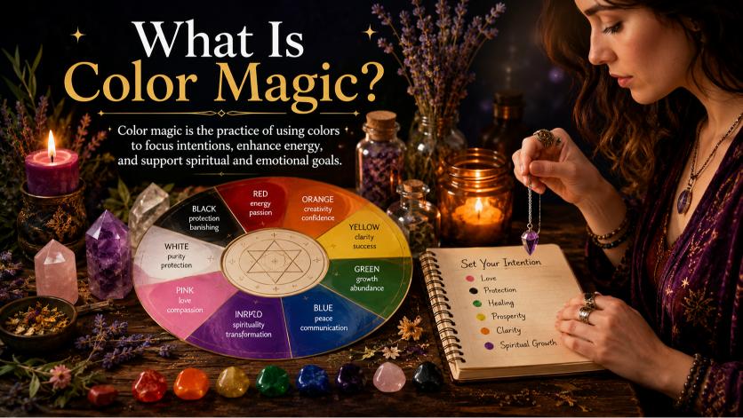 What is color magic showing the symbolic use of colors, candles, crystals, and spiritual practices for intentions, emotions, and personal growth