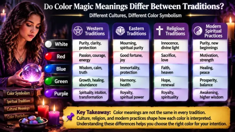 Do color magic meanings differ between traditions? Comparison of color symbolism across Western, Eastern, religious, and modern spiritual practices.