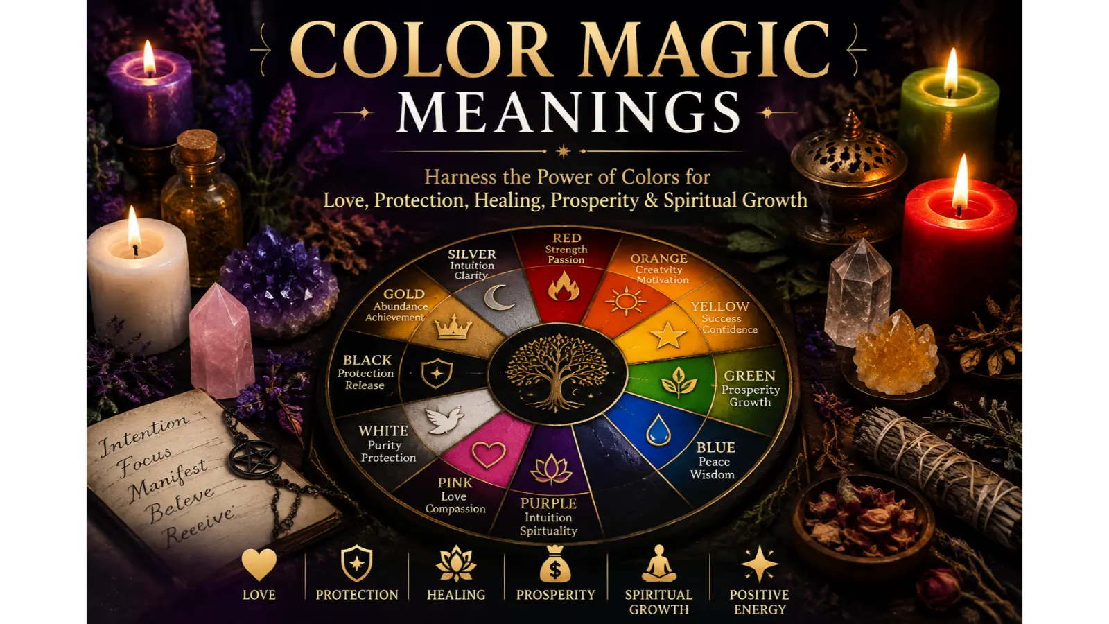 Color magic meanings showing symbolic color associations for love, protection, healing, prosperity, and spiritual growth