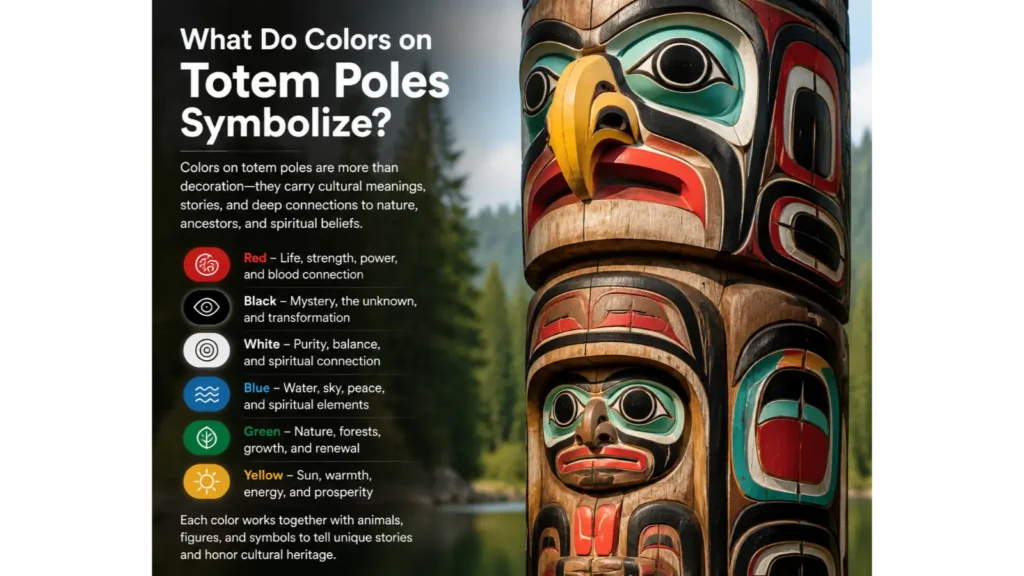 What do colors on totem poles symbolize showing red, black, white, blue, green, and yellow colors representing cultural stories, nature, spirituality, and ancestral connections.