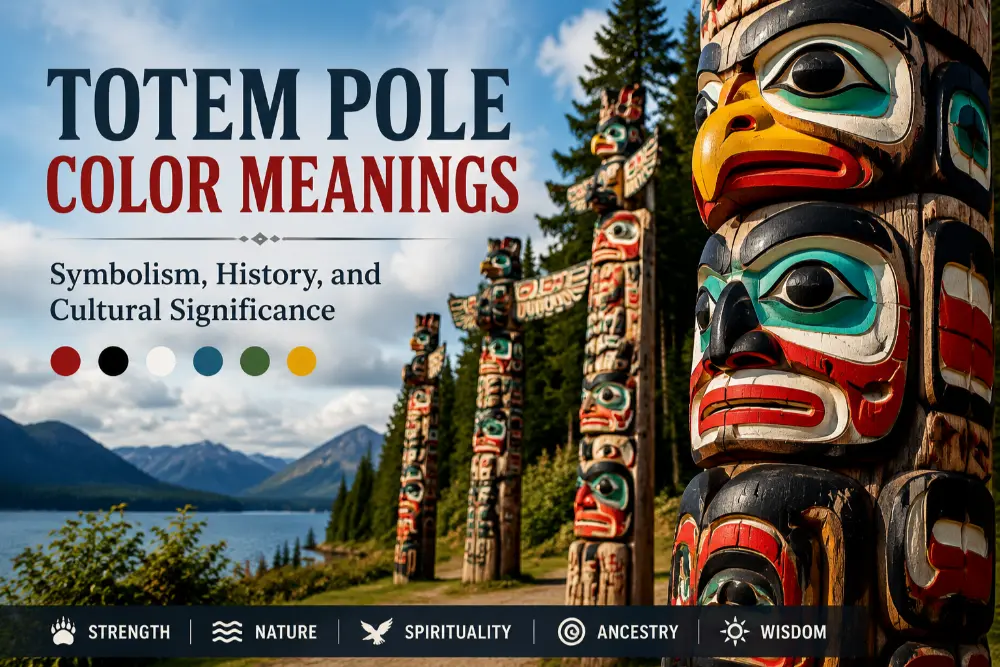 Totem pole color meanings showing colorful Indigenous carvings representing symbolism, history, ancestry, nature, and cultural significance