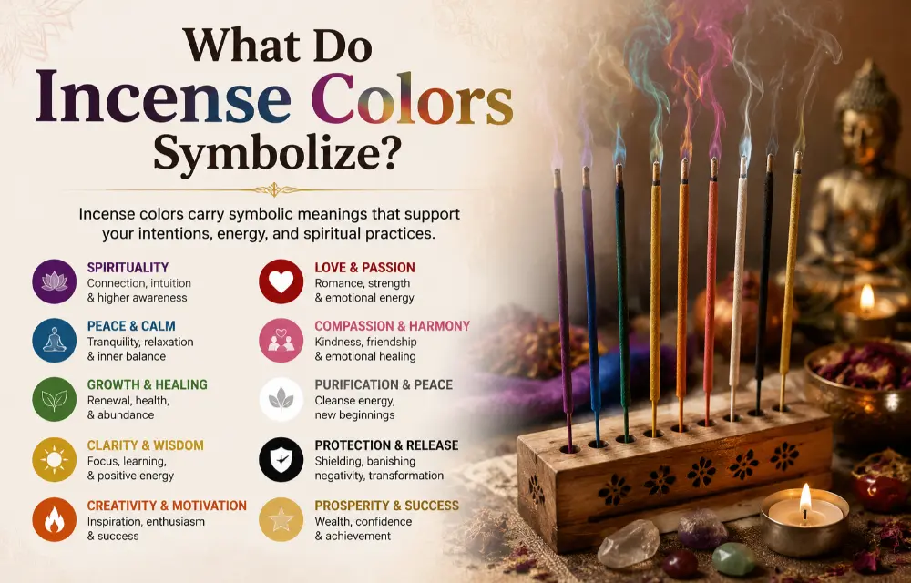 What do incense colors symbolize? Colorful incense sticks representing spiritual meanings, meditation, love, protection, healing, prosperity, and personal intentions.