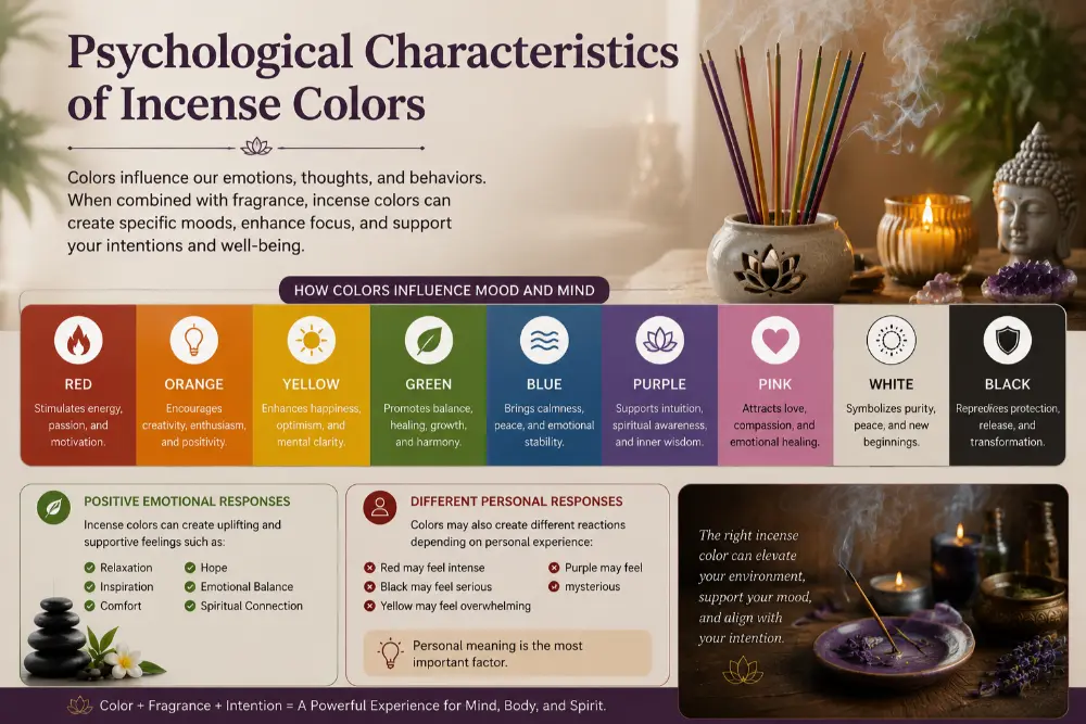 Psychological characteristics of incense colors showing how red, orange, yellow, green, blue, purple, pink, white, and black incense colors influence mood, emotions, and personal intentions.