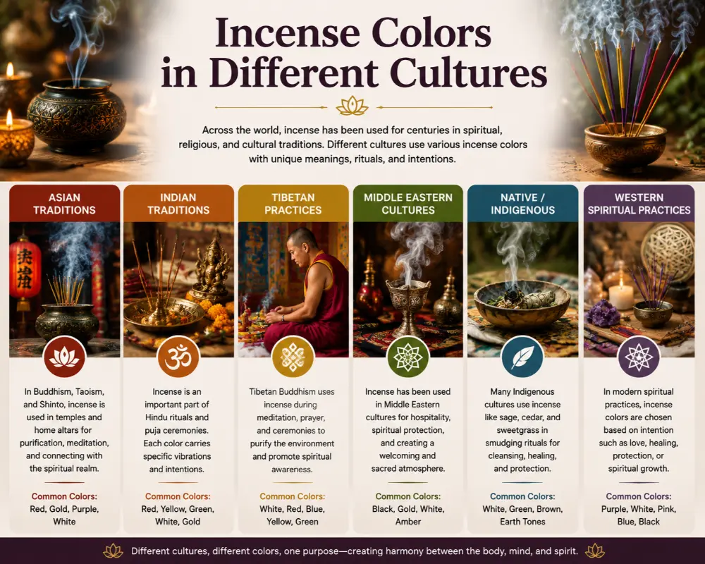 Incense colors in different cultures showing how red, white, purple, green, gold, and other incense colors are used in spiritual, religious, and cultural traditions around the world.