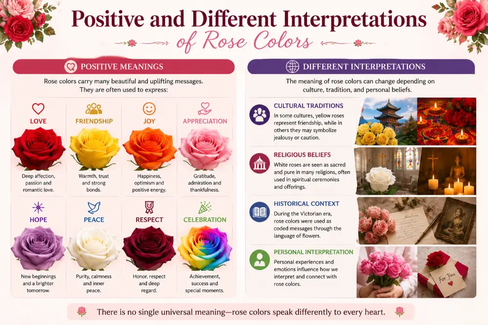 Positive and different interpretations of rose colors showing how red, yellow, pink, white, purple, and rainbow roses symbolize love, friendship, peace, hope, celebration, and cultural meanings.