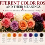 Different color roses and their meanings featuring red, pink, white, yellow, orange, peach, lavender, purple, blue, black, green, and burgundy roses
