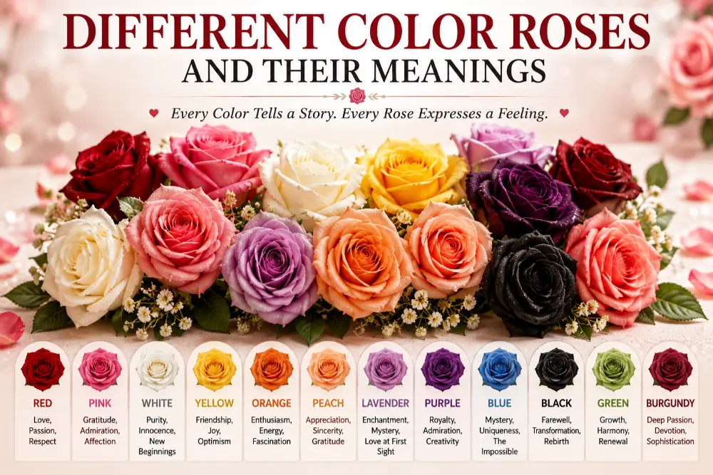 Different color roses and their meanings featuring red, pink, white, yellow, orange, peach, lavender, purple, blue, black, green, and burgundy roses
