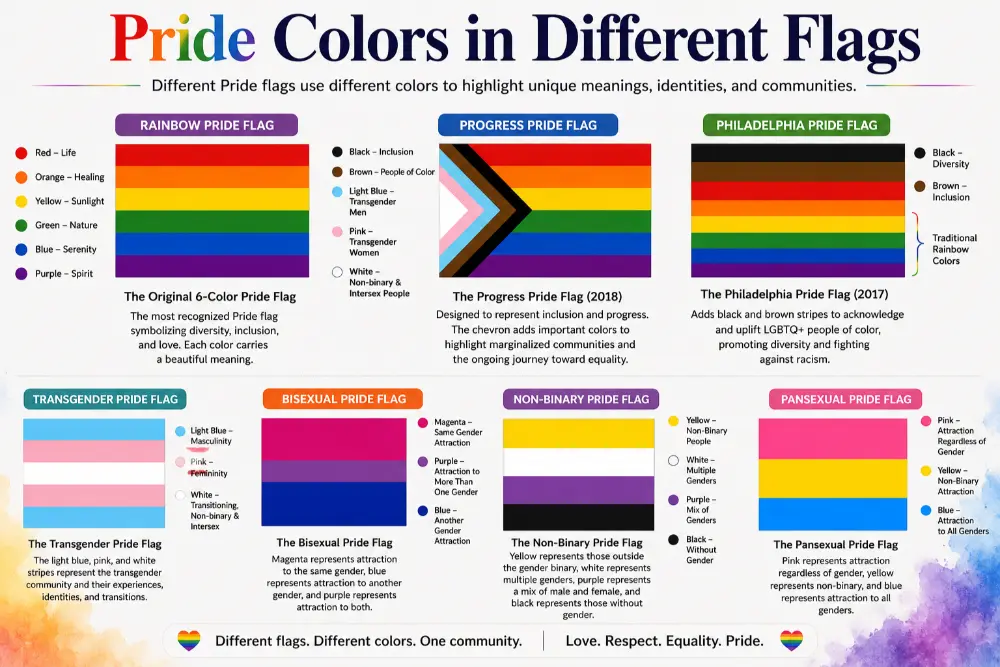 Pride colors in different flags showing the Rainbow Pride Flag, Progress Pride Flag, Philadelphia Pride Flag, Transgender Pride Flag, Bisexual Pride Flag, Non-Binary Pride Flag, and Pansexual Pride Flag with their symbolic color meanings