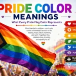Pride color meanings showing the Progress Pride Flag and the symbolism of red, orange, yellow, green, blue, purple, black, brown, light blue, pink, and white