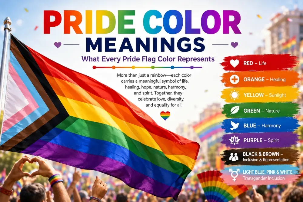 Pride color meanings showing the Progress Pride Flag and the symbolism of red, orange, yellow, green, blue, purple, black, brown, light blue, pink, and white