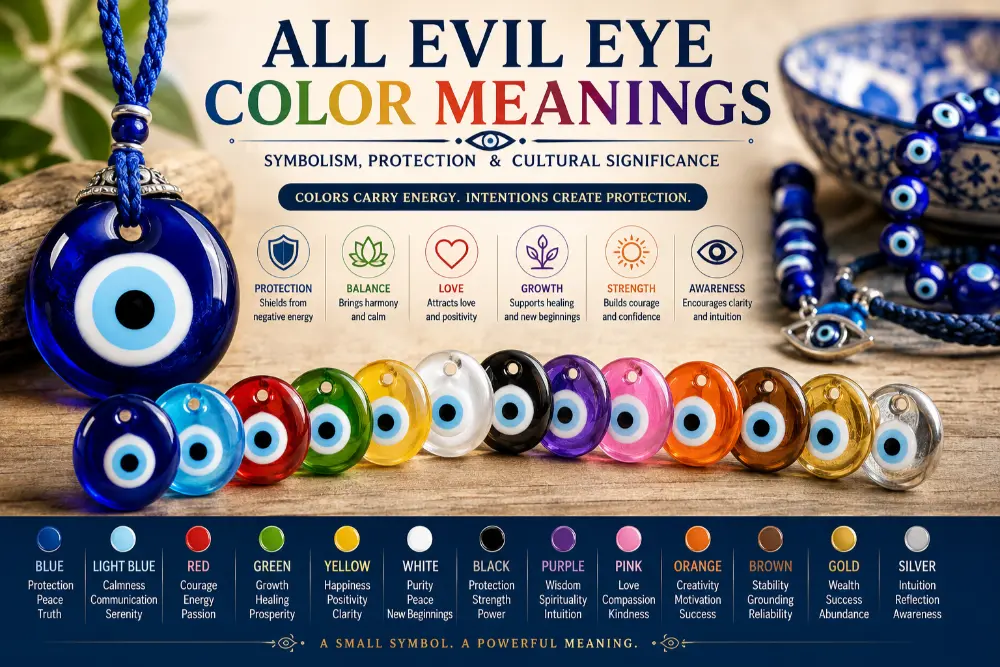 All evil eye color meanings showing the symbolism of blue, red, green, black, white, purple, pink, gold, and other protective evil eye colors