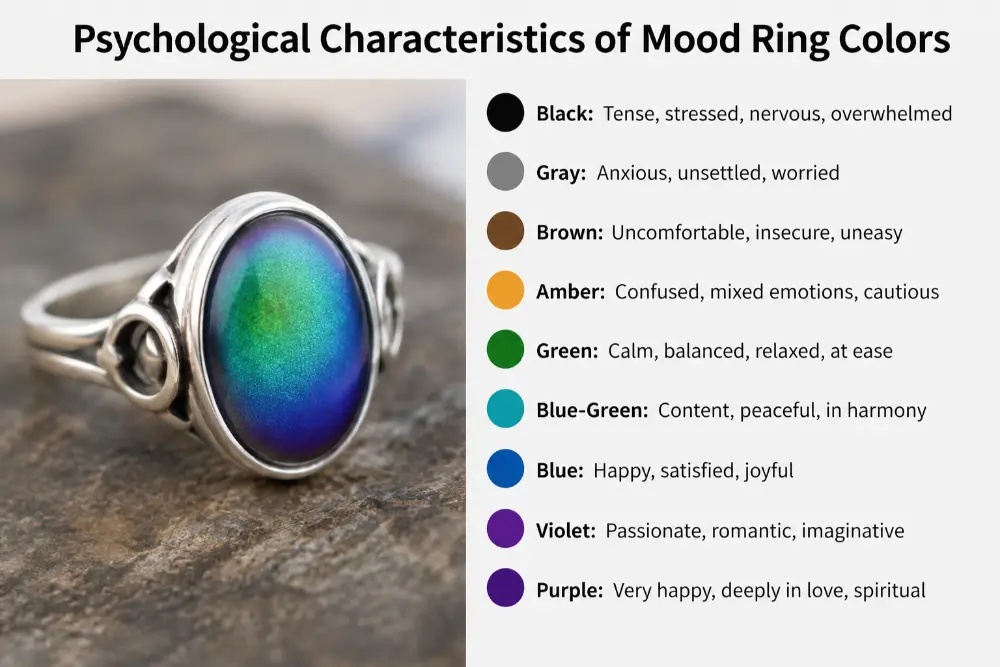 Psychological Characteristics of Mood Ring Colors infographic showing a realistic mood ring with a color chart explaining the emotions and personality traits associated with each mood ring color.