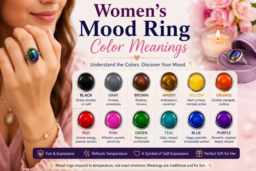 Women’s mood ring color meanings showing black, gray, brown, amber, yellow, orange, red, pink, green, teal, blue, and purple mood interpretations