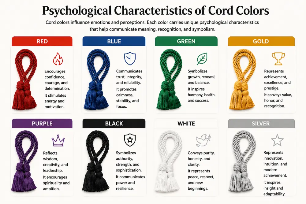 Infographic showing the psychological characteristics of cord colors, including red, blue, green, gold, purple, black, white, and silver, with their emotional meanings and symbolism.