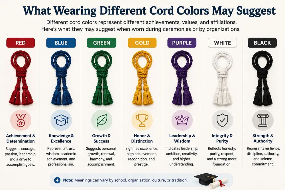 Infographic showing what different cord colors may suggest, including the symbolic meanings of red, blue, green, gold, purple, white, and black cords used in graduation and ceremonial traditions.