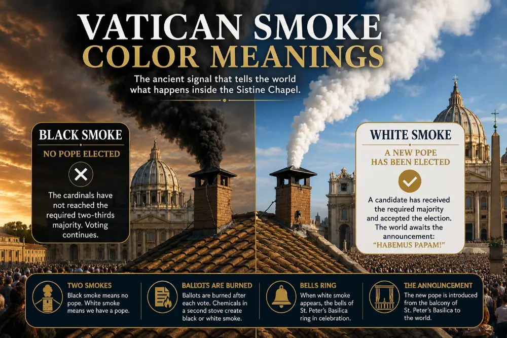 Vatican smoke color meanings infographic showing black smoke for no pope elected and white smoke announcing that a new pope has been elected.