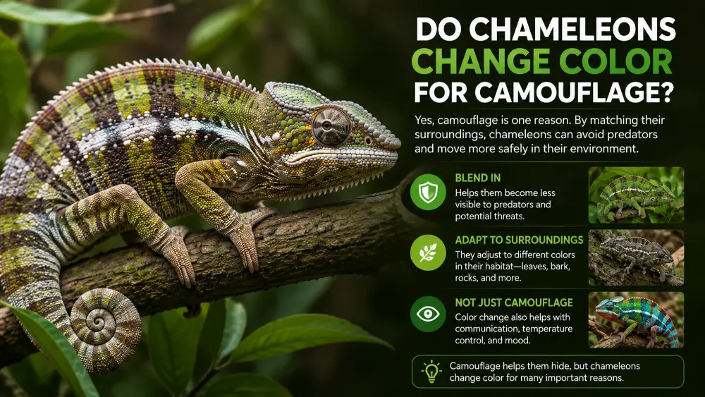 Chameleon changing color to blend with its surroundings for camouflage