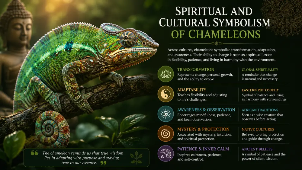 Spiritual and cultural symbolism of chameleons representing transformation, adaptability, awareness, and patience