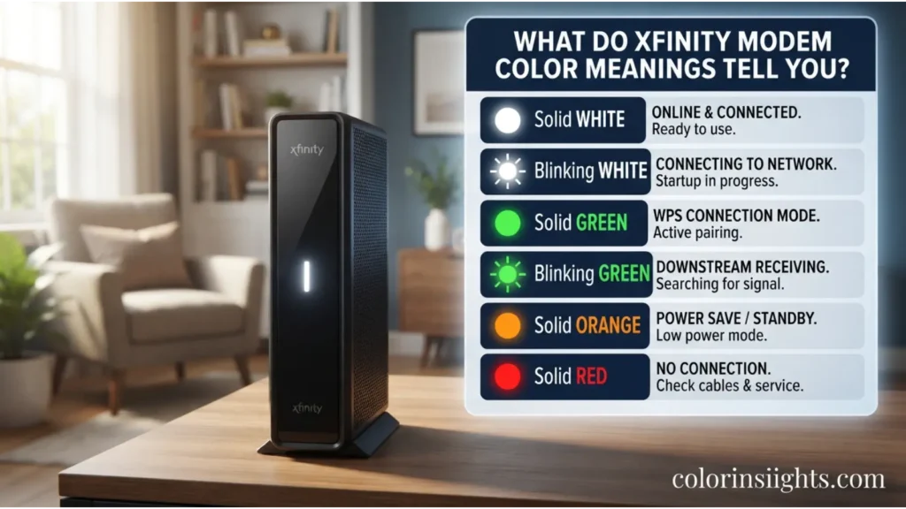 Xfinity gateway LED light colors meaning diagram white blinking orange red no light